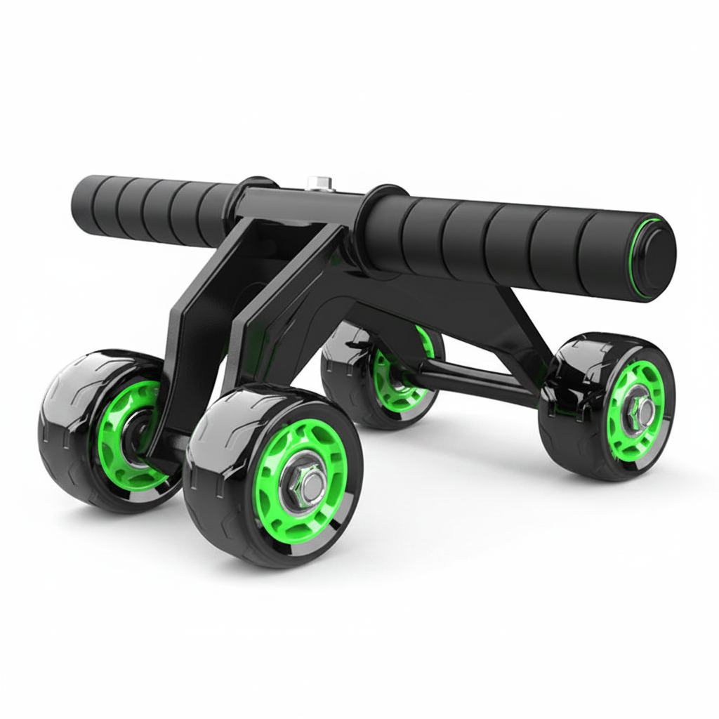 Black and green four-wheel ab roller on white background, professional product shot