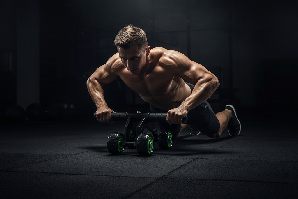 Person doing ab wheel rollout exercise on gym floor with four-wheel ab roller