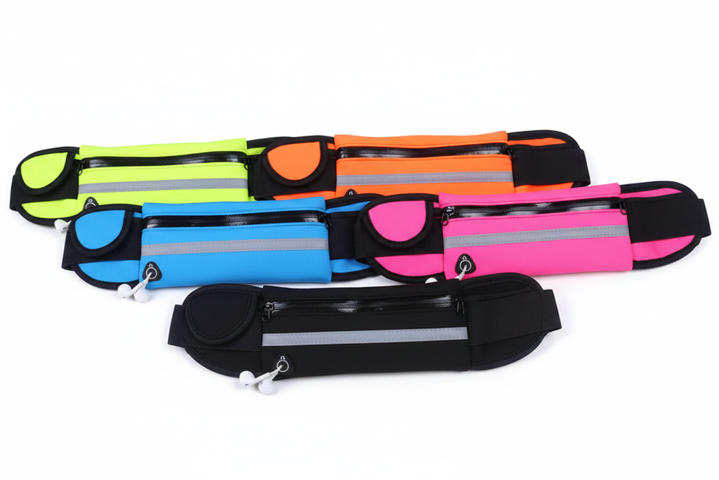 Flat lay of running waist bags in multiple colors on white background