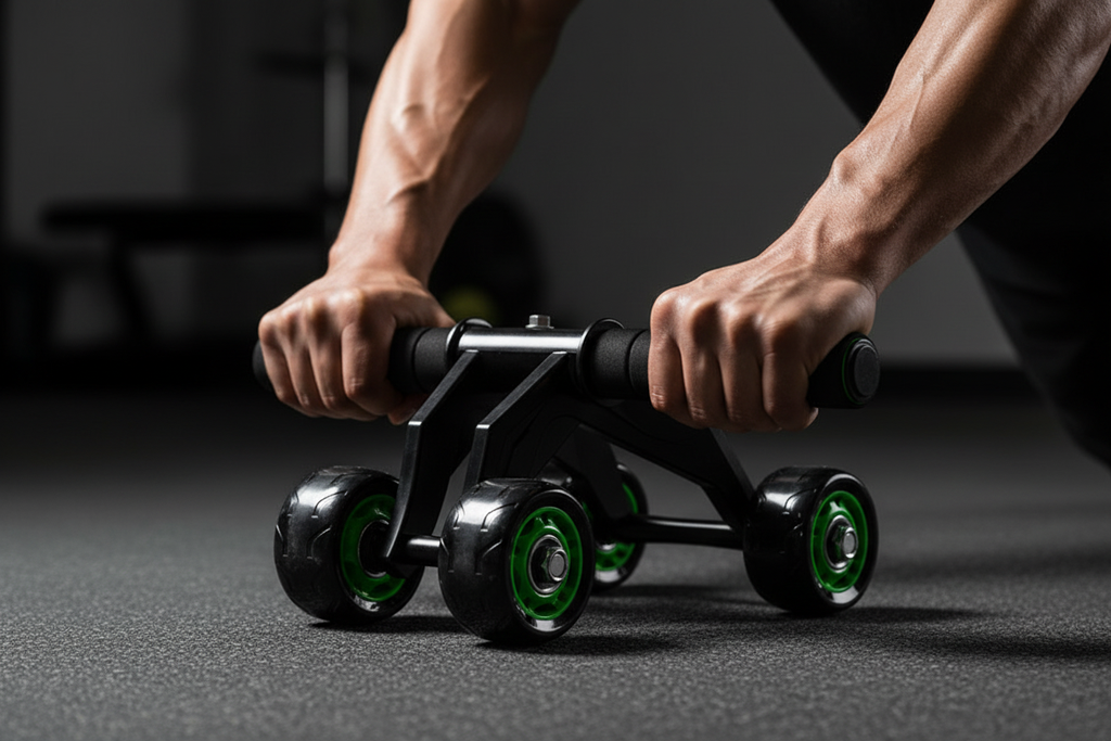 Close-up of hands gripping foam handle ab wheel roller during core workout
