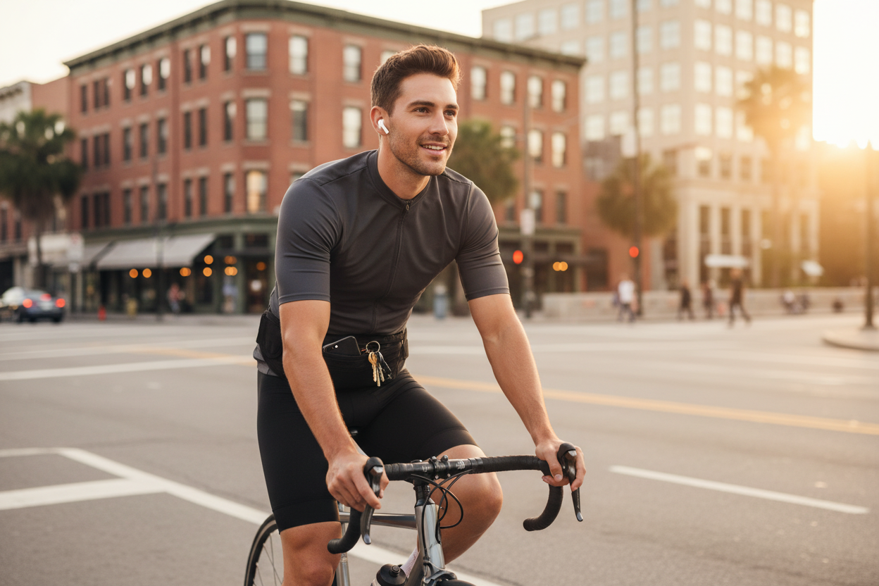 Man cycling on city street wearing slim black running waist belt bag at golden hour