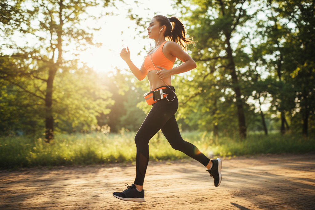 Woman running outdoors on sunny trail wearing orange sports waist bag with earphones
